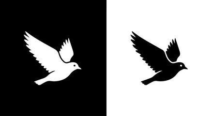 Obraz premium A pair of stylized doves in flight, one white, one black, presented against contrasting backgrounds.