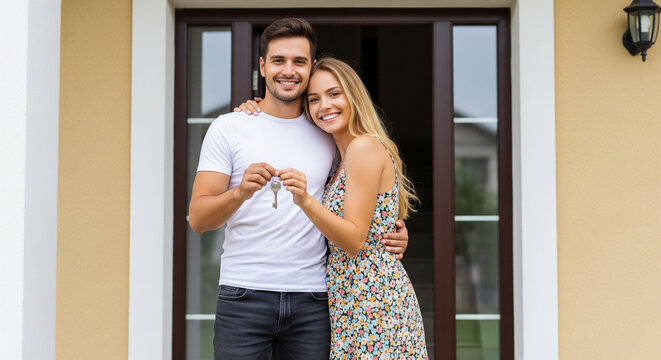 Happy Couple with House Keys Outside New Home
