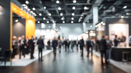 A bustling trade show scene with blurred figures engaged in conversation and networking.