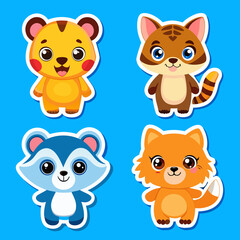 Fototapeta premium Cute Cartoon Animals Stickers Set Tiger, Raccoon, Fox, and Cat.