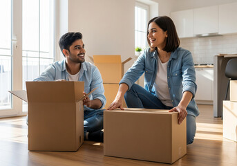 Indian Couple Unpacking in New Home Interior