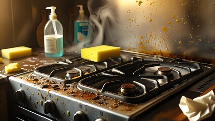 A greasy kitchen gas stove awaiting cleaning, representing the concept of household maintenance and cleanliness