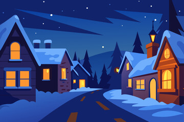 Cozy Village Street at Dusk Glowing Windows