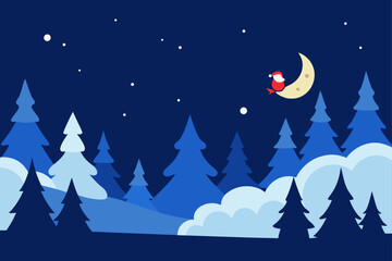 Snowy Forest at Night with Santa Sleigh