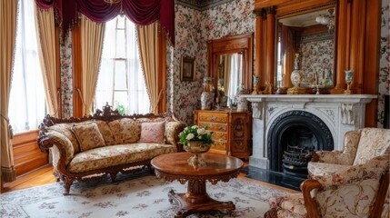 Victorian living room, carved wood furniture, floral wallpaper, fireplace, heavy curtains, antique decor, classic elegance 
