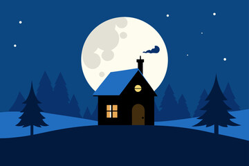 Naklejka premium Winter Cottage with Santa and Full Moon Night