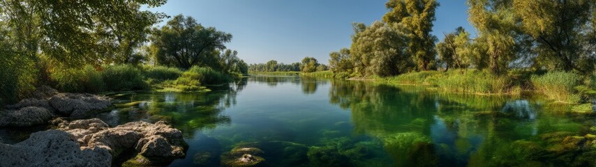 Fototapeta premium Serene nature landscape tranquil river hdr panoramic view summer day 360 degrees experience