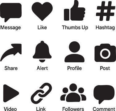 Social Media Icons in Silhouette Style with Text Labels, Minimalist Black and White Vector Set