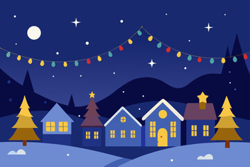 Naklejka premium Winter Village Scene Festive Lights Night View