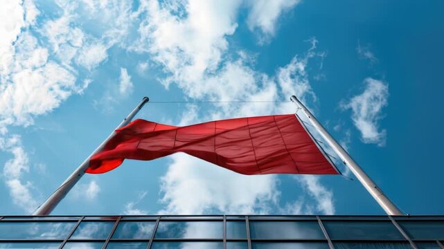 A red flag waving in the wind atop a building, often used to signal warning or attention