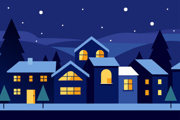 Naklejka premium Night Suburban Scene with Glowing Windows