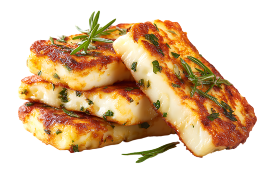Crispy fried halloumi cheese rectangles with rosemary, isolated on white on transparent background