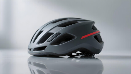 Fototapeta premium Matte anthracite bike helmet with red stripe on reflective surface.