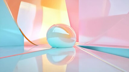 A vibrant and colorful piece of modern abstract art, featuring pink and blue elements reflected on mirrored surfaces. Includes shiny metallic materials and a futuristic geometric design. - Powered by Adobe