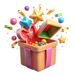 Obraz premium Whimsical 3d illustration of an open gift box overflowing with colorful candies stars and confetti isolated on transparent background