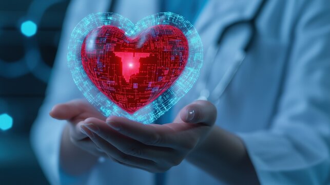 Doctor holding red digital heart with circuit patterns image with digital overlay. Advanced medical technology photography conceptual composite. Virtual cardiovascular care concept photo