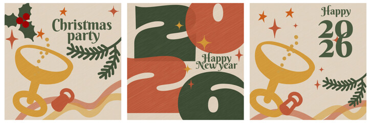 Retro design template with the number 2026 for a New Year's card. Decorative elements and a glass of champagne for toasting.