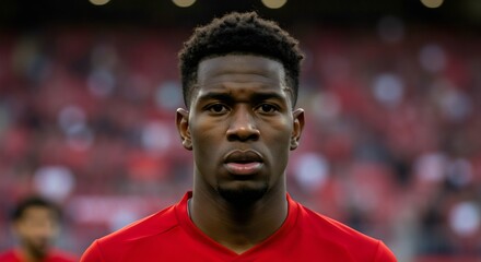 Serious African American Male Athlete Portrait in Red Jersey, soccer, football, sport