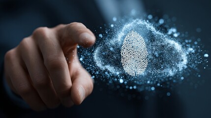 A human hand reaching out to a digital fingerprint, symbolizing biometric identification and security.