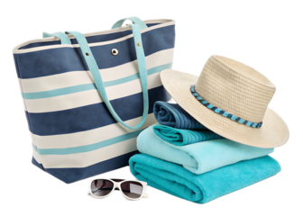 A beach bag with striped pattern and summer accessories like hat towels and sunglasses on black background