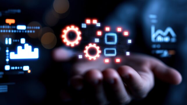 Person hand with holographic gears and diagrams image with digital overlay. Digital services for business photography conceptual composite. Data analytics concept photo realistic