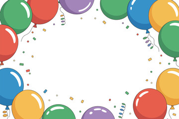 Colorful balloons and confetti forming a frame on a white background for a festive celebration