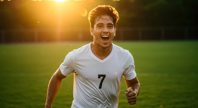 Victorious Male Soccer Player Celebrating Goal in White Jersey