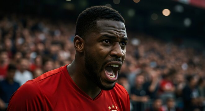 Serious African American Male Athlete Portrait in Red Jersey, soccer, football, sport - Powered by Adobe