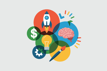 Illustration showing icons of a rocket, dollar sign, lightbulb, gear, brain, and paintbrush in circles