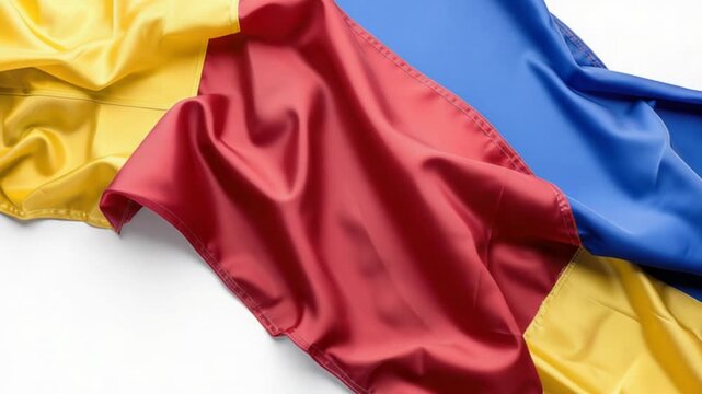 Three flags with red, yellow, and blue colors laid flat on a white background