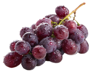 A close up shot of a bunch of red grapes covered in water droplets on a black background studio shot