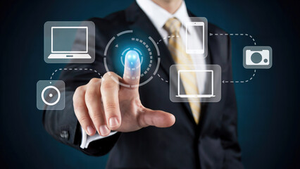 Businessman interacts with futuristic digital interface, connecting devices and data seamlessly