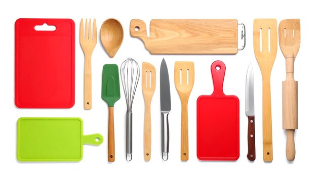 Assorted kitchen utensils on white background