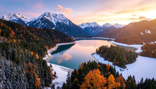 Panoramic autumnal mountain lake sunrise