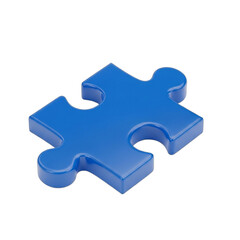 Obraz premium A single glossy blue jigsaw puzzle piece isolated on a white background. A 3D illustration symbolizing solutions, strategy, and connection.
