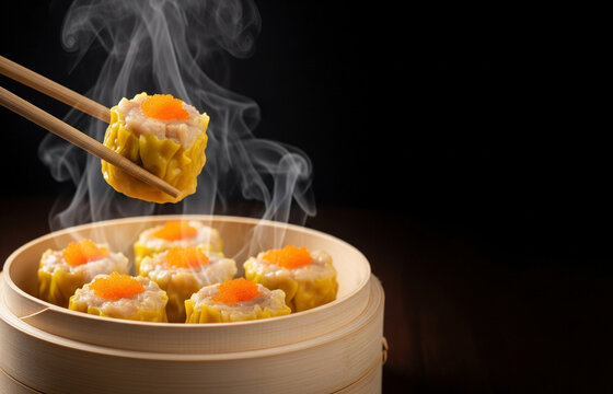 Siomay dimsum is served elegantly with a black background, creating stunning visual contrast.
