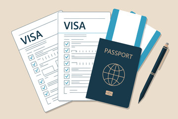 A passport next to visa application forms and a pen on a light background for travel documentation