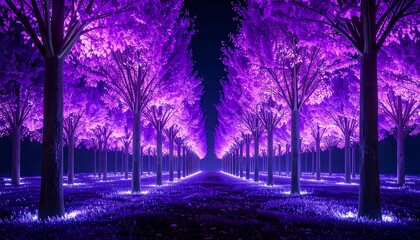 Fototapeta premium Walking Through Purple Tree Path at Night with Glowing Light