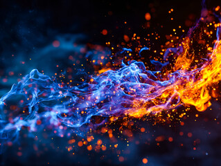 Dynamic display of blue and orange flames with sparks and smoke against a dark background