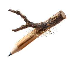 Fototapeta premium Wooden Branch Morphing into Pencil with Shavings Effect Isolated on Transparent Background