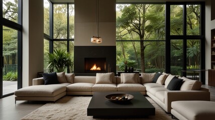 Fototapeta premium Modern living room with fireplace and large windows