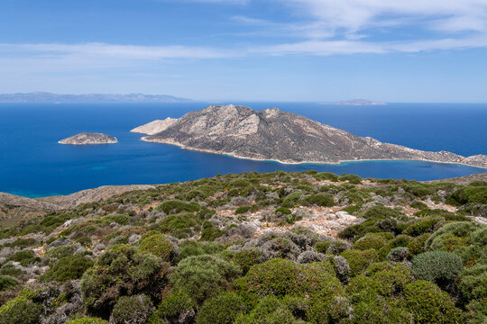 View of Nikouria Island, sea and mountains, Amorgos, Cyclades, Greece