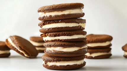 A stack of ice cream sandwiches with chocolate cookies and vanilla filling, neatly arranged on a clean white solid background, highlighting their texture.