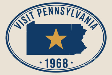 Naklejka premium Oval visit pennsylvania emblem with blue state outline and gold star over the year nineteen sixty eight