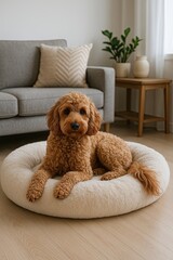 A golden doodle dog lies comfortably on a soft round pet bed in a modern living room, looking calmly at the camera, creating a warm and inviting domestic scene