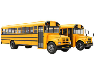 Two yellow school buses parked side by side with black stripes on a black background in a studio shot