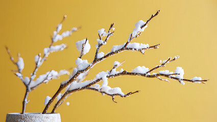 Snow covered branches against yellow background winter nature