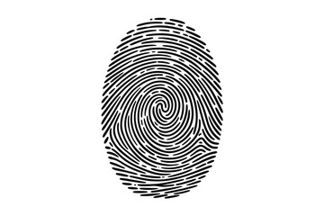 A detailed black and white illustration of a fingerprint on a plain white background image for design