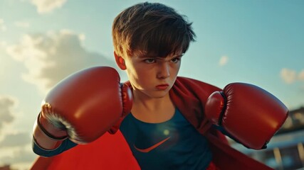 A young athlete in the heat of a boxing practice, wearing red gloves.