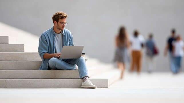 Young focused male freelancer working remotely using laptop while sitting on stairs with takeaway coffee outdoors, enjoying work and travel lifestyle, blurred people walking in background
